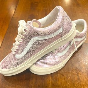 VANS Old Skool Pink White Cracked Leather Sneakers 508731 Womens 9 Shimmer